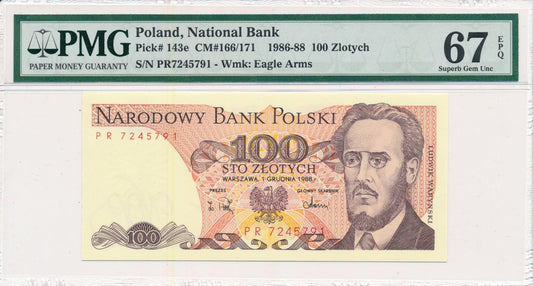 100 zł 1988 rok - seria PR - PMG 67 EPQ