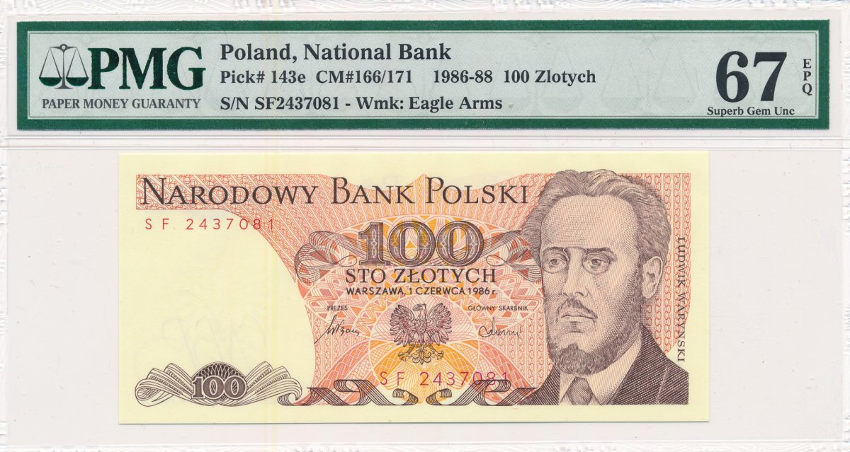 100 zł 1986 rok - seria SF - PMG 67 EPQ